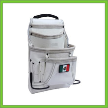 Load image into Gallery viewer, Premium Leather White Tool Pouch with 2 Hammer Holders for Framers, Roofing, Carpenters, Electricians, Construction - 10 Pocket - Mexico Flag