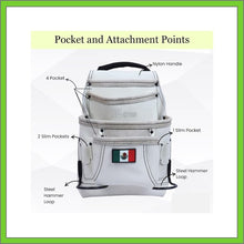 Load image into Gallery viewer, Premium Leather White Tool Pouch with 2 Hammer Holders for Framers, Roofing, Carpenters, Electricians, Construction - 10 Pocket - Mexico Flag