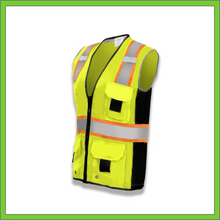 Load image into Gallery viewer, VEST - SAFETY VEST CLASS 2, ANSI - HI-VIS REFLECTIVE MULTIPOCKET - TWO TONE W/BLACK BINDING - RADIO CLIP - LIME