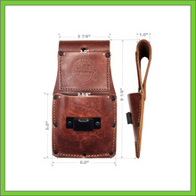 Load image into Gallery viewer, MEASURE TAPE HOLDER - TWO POCKETS - TOP GRAIN HEAVY DUTY LEATHER BROWN WITH LOOP
