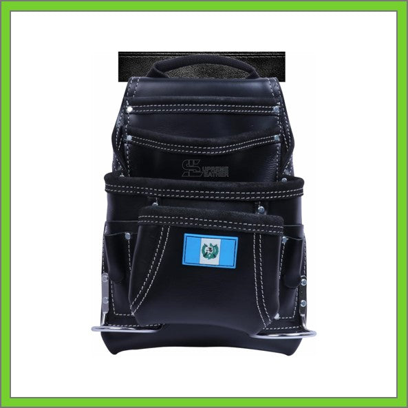 Black Leather Tool Pouch with 2 Hammer Holders for Framers, Roofing, Carpenters, Electricians, Construction - 10 Pocket - Guatemala Flag