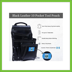 Black Leather Tool Pouch with 2 Hammer Holders for Framers, Roofing, Carpenters, Electricians, Construction - 10 Pocket - Guatemala Flag