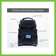 Load image into Gallery viewer, Black Leather Tool Pouch with 2 Hammer Holders for Framers, Roofing, Carpenters, Electricians, Construction - 10 Pocket - Guatemala Flag
