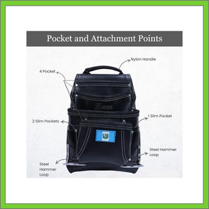 Black Leather Tool Pouch with 2 Hammer Holders for Framers, Roofing, Carpenters, Electricians, Construction - 10 Pocket - Guatemala Flag