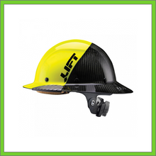 Load image into Gallery viewer, LIFT CARBON FIBER DAX 50/50 BLACK &amp; HI VIZ YELLOW FULL BRIM HARD HAT
