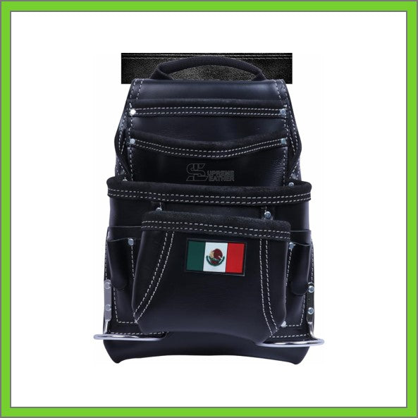 Premium Leather Black Tool Pouch with 2 Hammer Holders for Framers, Roofing, Carpenters, Electricians, Construction - 10 Pocket - Mexico Flag