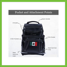 Load image into Gallery viewer, Premium Leather Black Tool Pouch with 2 Hammer Holders for Framers, Roofing, Carpenters, Electricians, Construction - 10 Pocket - Mexico Flag
