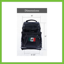 Load image into Gallery viewer, Premium Leather Black Tool Pouch with 2 Hammer Holders for Framers, Roofing, Carpenters, Electricians, Construction - 10 Pocket - Mexico Flag
