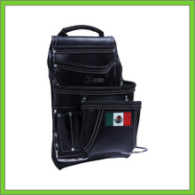 Load image into Gallery viewer, Premium Leather Black Tool Pouch with 2 Hammer Holders for Framers, Roofing, Carpenters, Electricians, Construction - 10 Pocket - Mexico Flag

