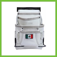 Load image into Gallery viewer, Premium Leather White Tool Pouch with 2 Hammer Holders for Framers, Roofing, Carpenters, Electricians, Construction - 10 Pocket - Mexico Flag
