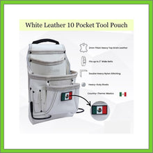 Load image into Gallery viewer, Premium Leather White Tool Pouch with 2 Hammer Holders for Framers, Roofing, Carpenters, Electricians, Construction - 10 Pocket - Mexico Flag
