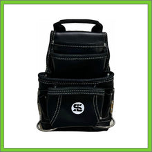 Load image into Gallery viewer, Premium Leather Black Tool Pouch with 2 Hammer Holders for Framers, Roofing, Carpenters, Electricians, Construction - 10 Pocket
