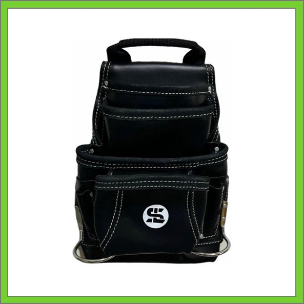 Premium Leather Black Tool Pouch with 2 Hammer Holders for Framers, Roofing, Carpenters, Electricians, Construction - 10 Pocket