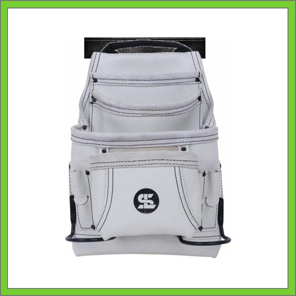 Premium Leather White Tool Pouch with 2 Hammer Holders for Framers, Roofing, Carpenters, Electricians, Construction - 10 Pocket
