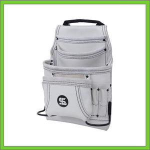 Premium Leather White Tool Pouch with 2 Hammer Holders for Framers, Roofing, Carpenters, Electricians, Construction - 10 Pocket