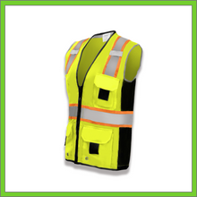 Load image into Gallery viewer, VEST - SAFETY VEST CLASS 2, ANSI - HI-VIS REFLECTIVE MULTIPOCKET - TWO TONE W/BLACK BINDING - RADIO CLIP - LIME
