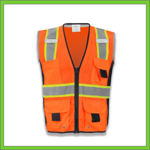 VEST - SAFETY VEST CLASS 2, ANSI - HI-VIS REFLECTIVE MULTIPOCKET - TWO TONE W/BLACK BINDING - RADIO CLIP - ORANGE